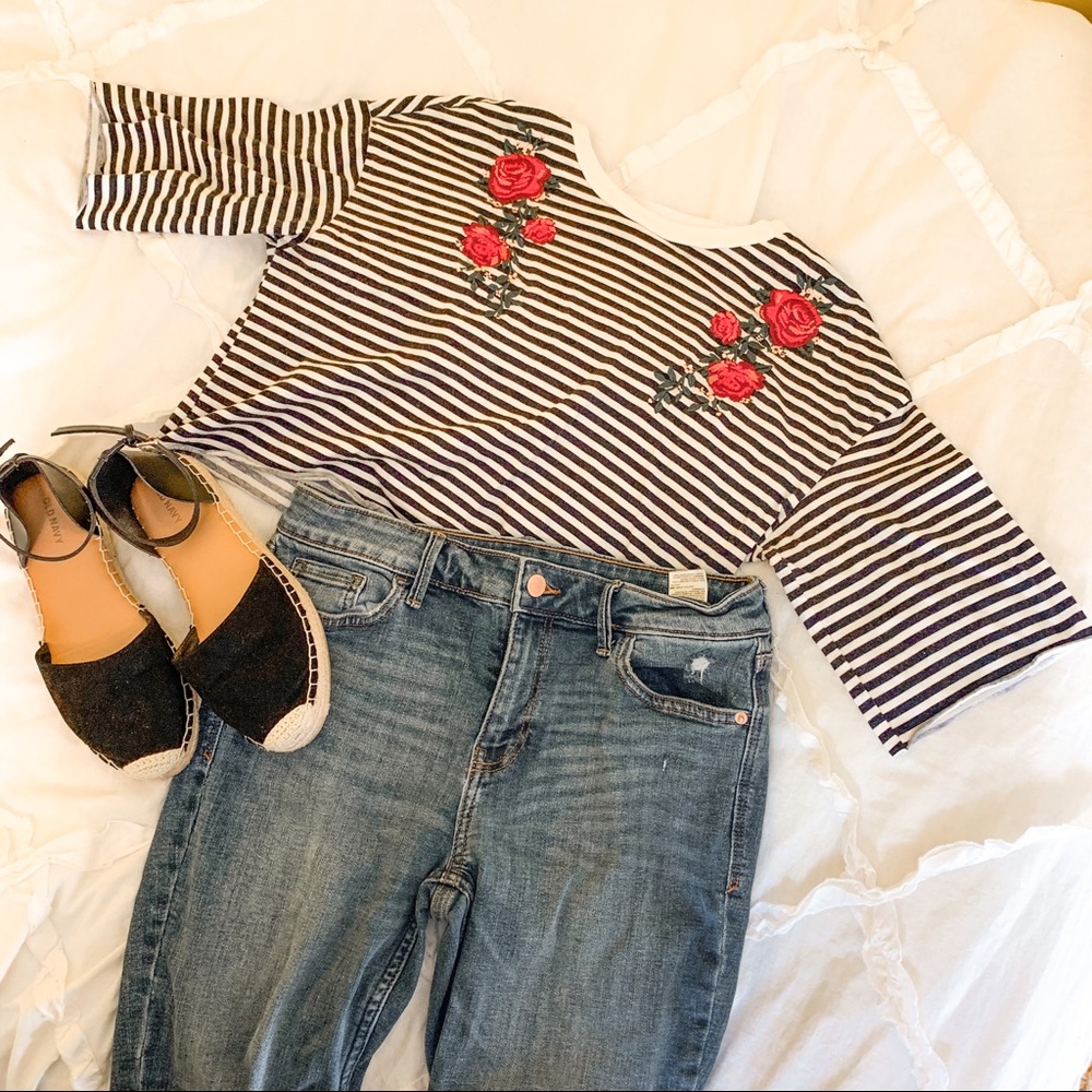 Cropped Embroidered Striped Top